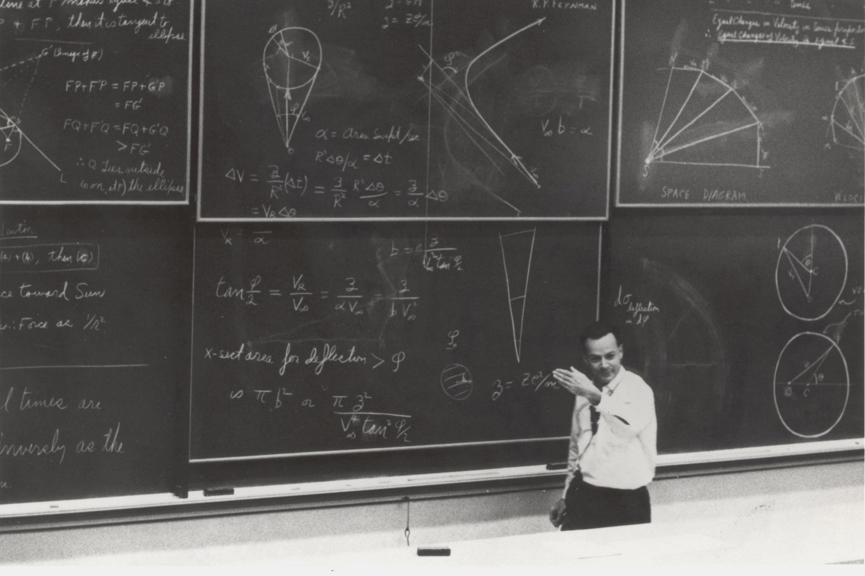 Richard Feynman in front of large black board